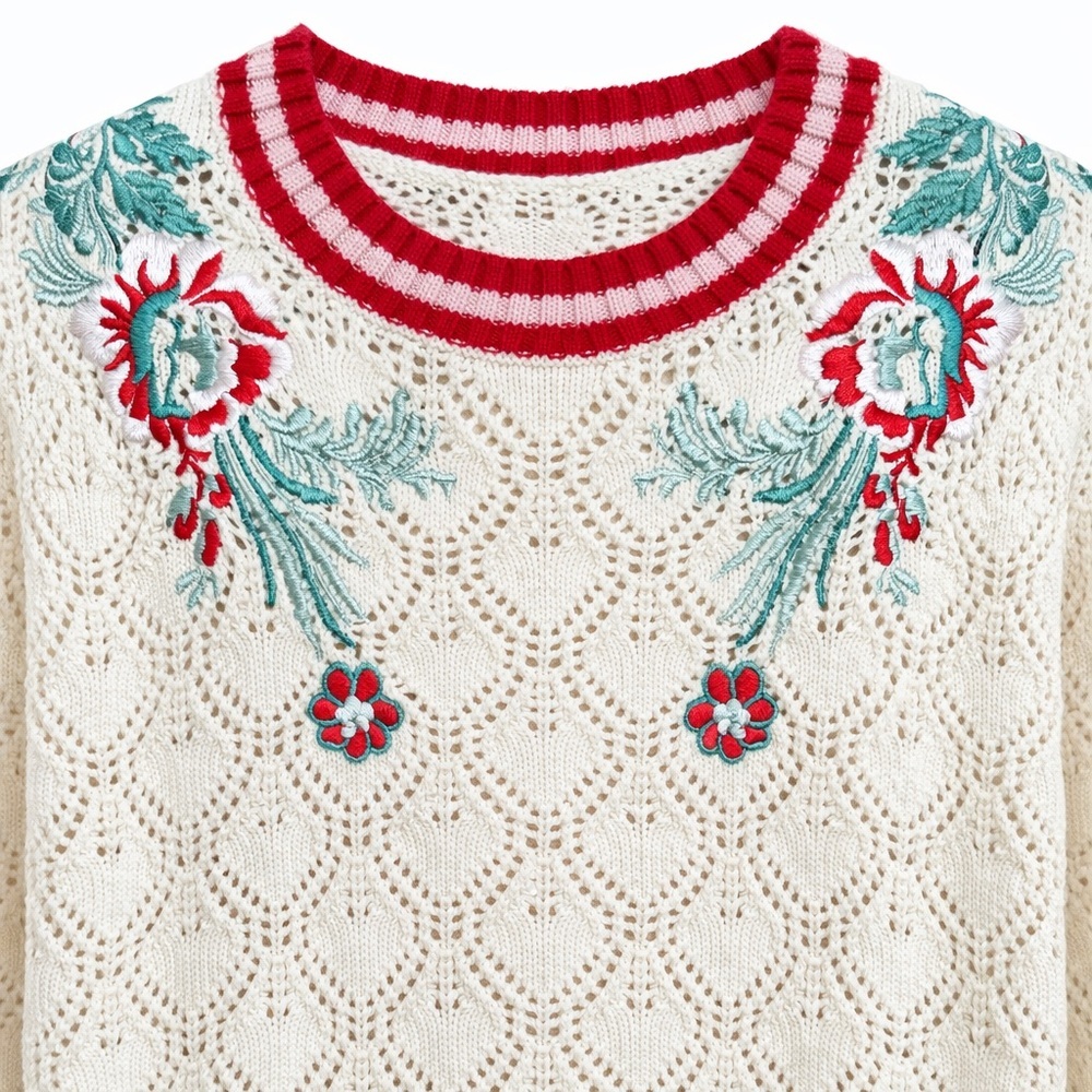 Maje Embroidered Knit Sweater Cream Red Floral Parisian Chic Pointelle Small - Picture 4 of 7